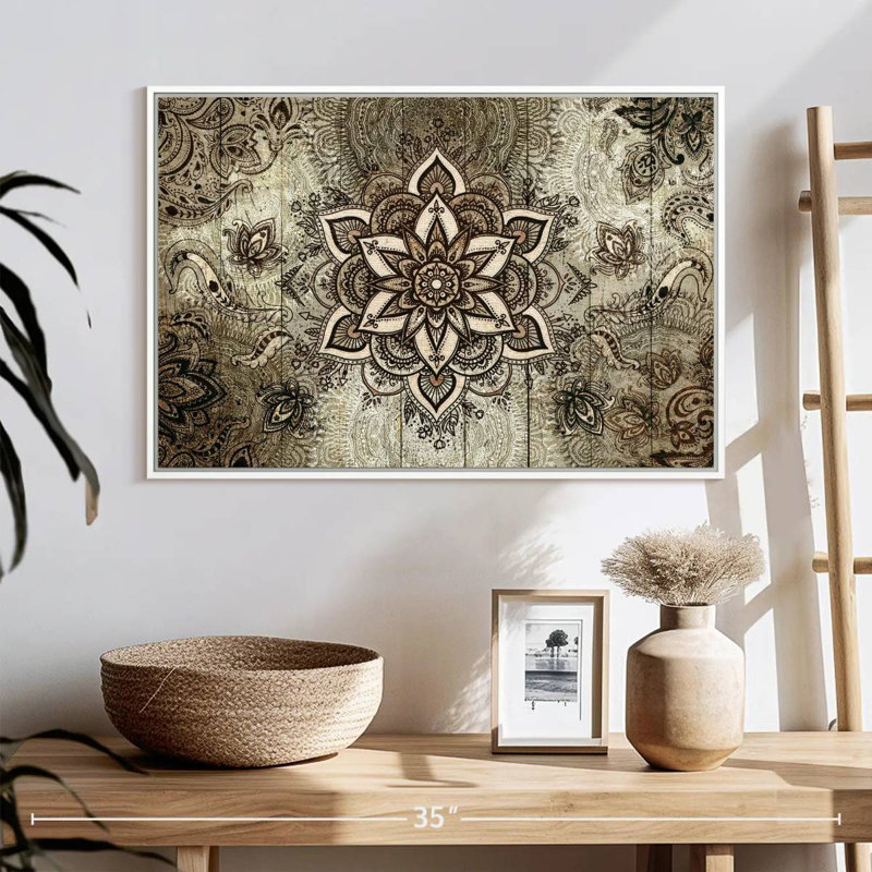 Mandala sur bois brun, Cadre flottant blanc, 25 po x 17 po