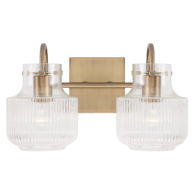 Meuble-lavabo 2 lumières l 15 po x H 9 po en nickel poli avec verre cannelé transparent, Laiton vieilli