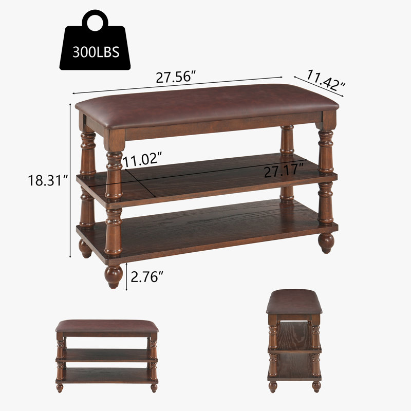 Vintage Wooden Entryway Bench with Cushion Seat, 2-Tier Shoe Storage Rack