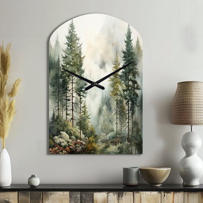 Pine Tree Misty Morning II - Arch Shape Green Wall Clock Sculpture