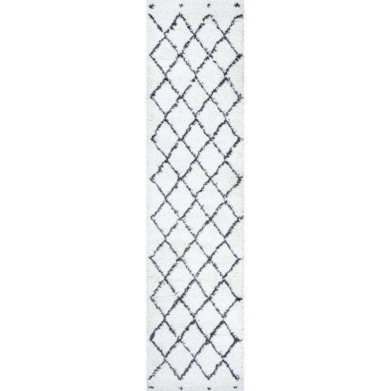 Schlesinger Moroccan Style Diamond Shag White/Gray Rug, Runner 2' x 10'