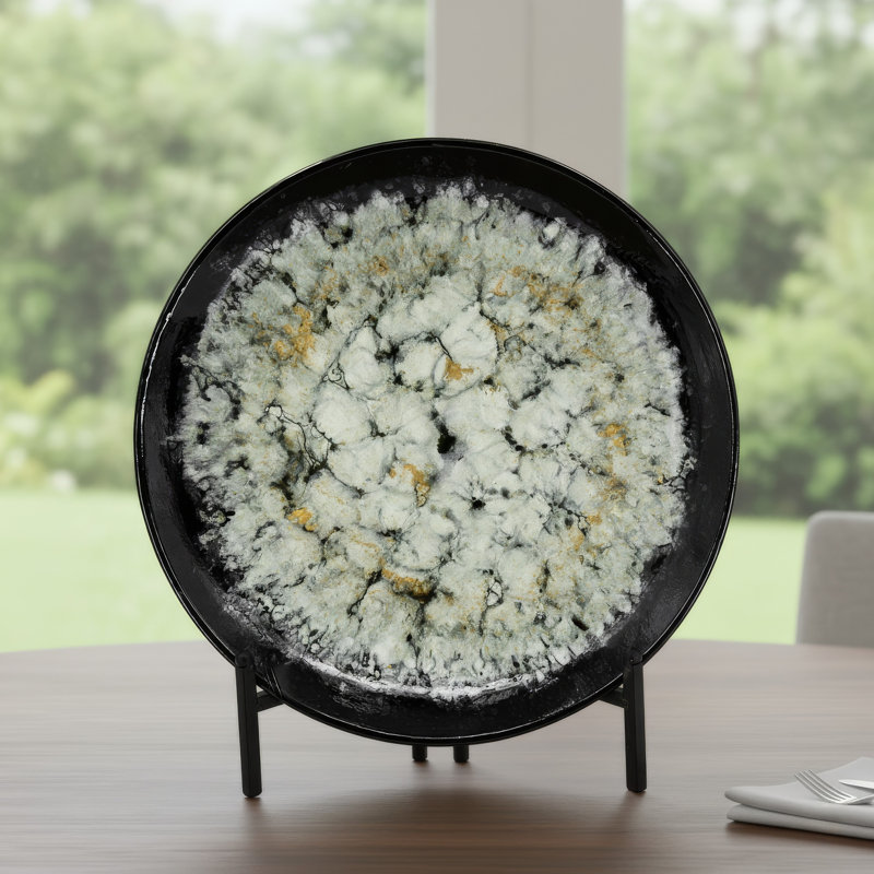 Decorative Charger Plate With Stand, Black And White Ceramic, 18 Inch