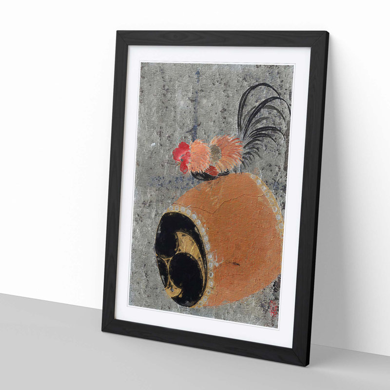 Cock on a Drum by Shibata Zeshin - Picture Frame Painting, Black Framed, 65cm H x 48cm W x 2cm D