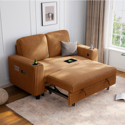 Sherry Plush Corduroy Sofa Bed With USB Charging & Cup Holders