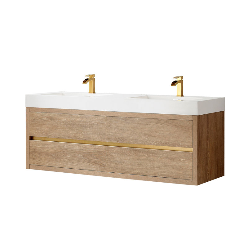 Ensemble de meuble-lavabo mural double 60 po, Finition chêne nord-américain, Blanc