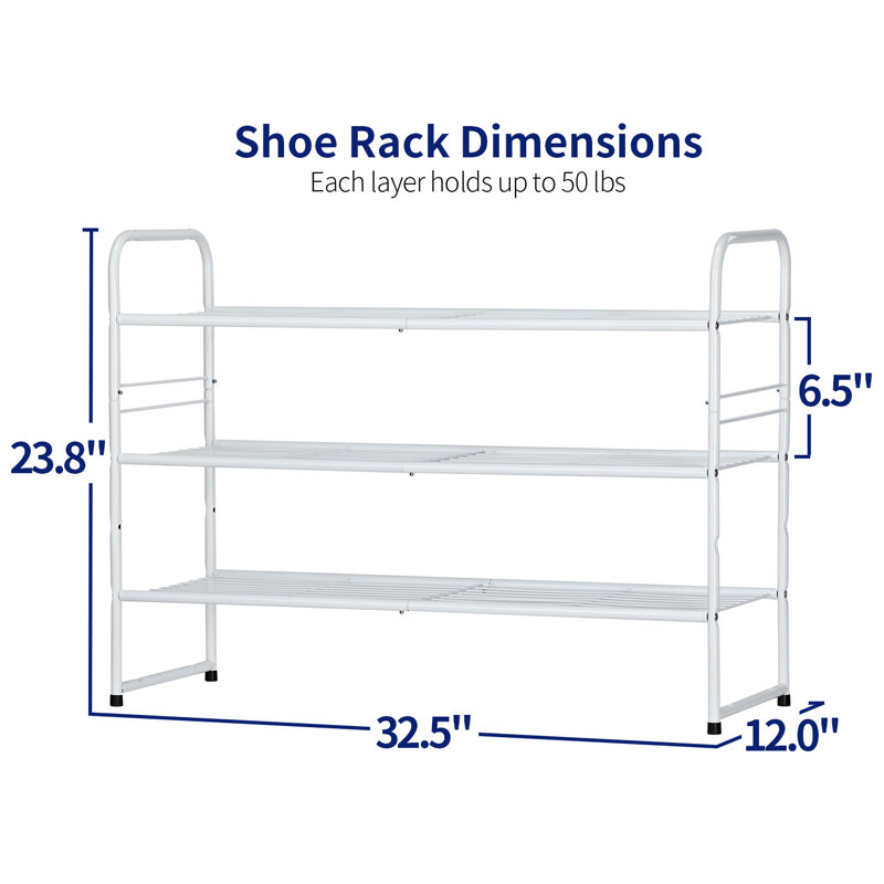 32'' Wide 3-Tier Wire Grid Shoe Rack Shelf for Closet Stackable and Adjustable, White