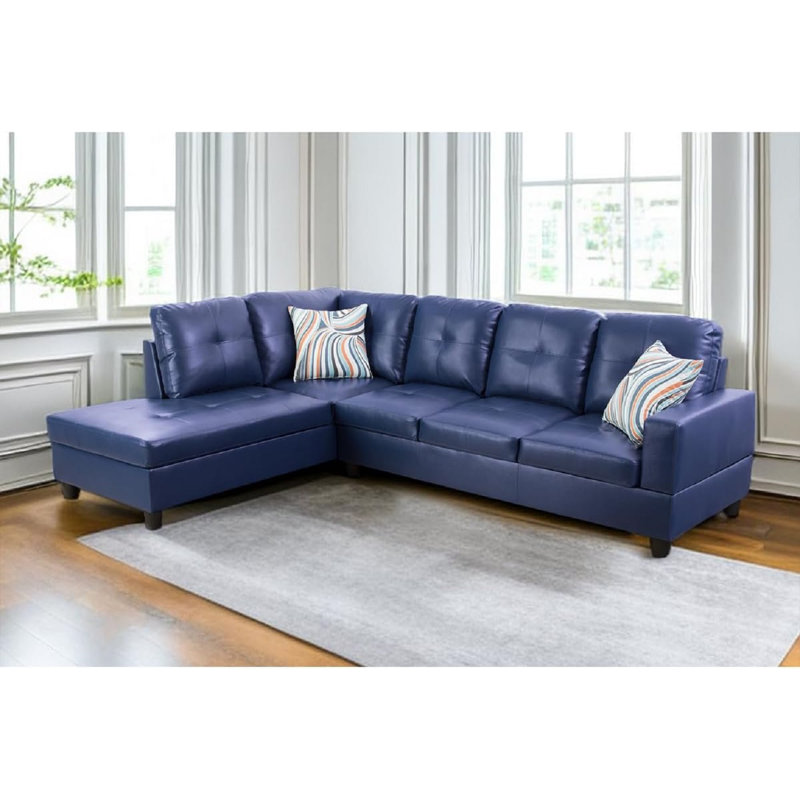 Bawan Faux Leather L-Shaped Sectional, Left Hand Facing, Navy Faux Leather
