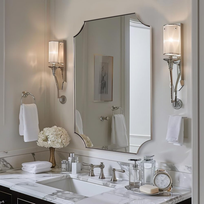 Tariro Contemporary Notched Corner Scalloped Rectangle Bathroom Vanity Mirror | Stainless Steel Frame, 30" x 22"