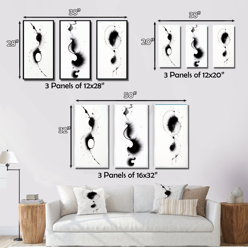 Subtle Ink Monochromatic Symphony IV - Abstract Painting Art Set Of 3 Pieces, Toile tendue, H 40 po x l 60 po