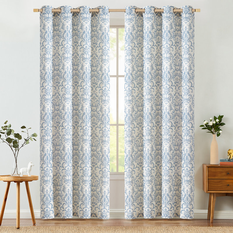 Grommet Vintage Damask Patterned Linen Curtains for Bedroom Vintage Curtains, 52" W x 84" L, Slate Blue