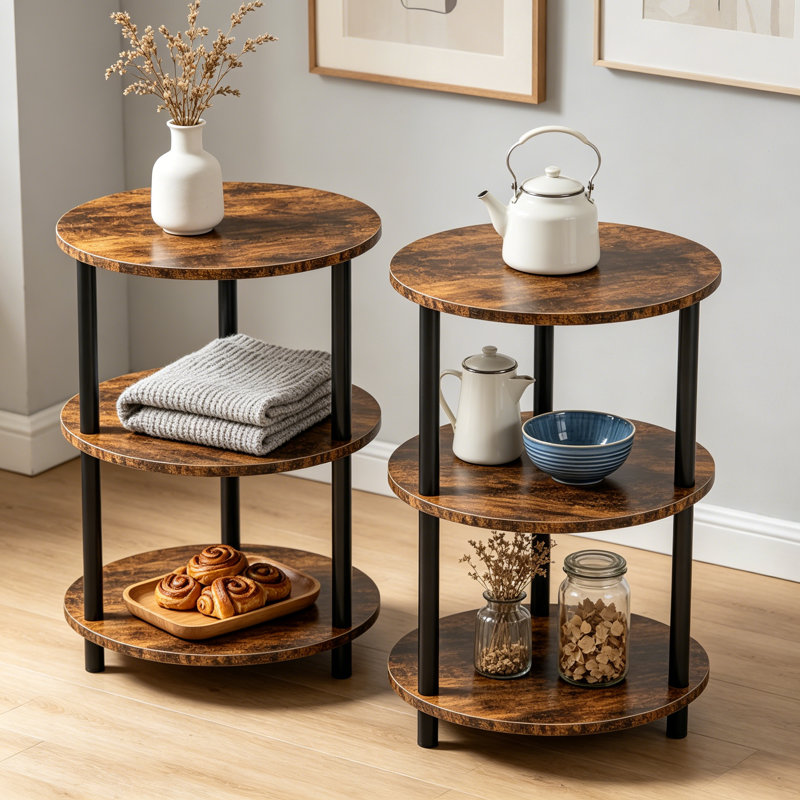 Petit ensemble de 2 tables de bout rondes à 3 niveaux avec design rétro industriel, table de chevet robuste pour la chambre à coucher, le salon ou les petits espaces