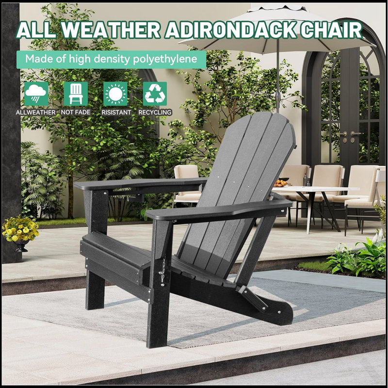Durable HDPE Adirondack Chair With Cup Holder, Weather-Resistant And Foldable For Outdoor Relaxation, 1, Gray