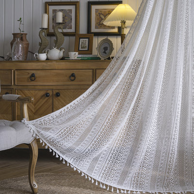  Boho Lace Curtains 2 Panel Set - Vintage Cotton Blend Sheer Drapes with Geometric Crochet Pattern and Tassel Trim, Rod Pocket Light Filtering Semi Sheer for Living Room Bedroom (Pack of 2 )