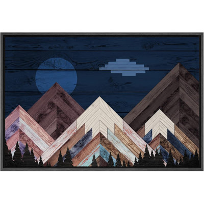 Western Wood Effect Landscape " Western Blue Moon Night Sky Mountain Forest Nature Artwork Wood Effect Panels Art Rustic Landscape "