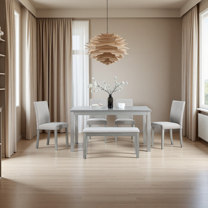 6 Piece Wooden Dining Table Set, Wooden Dining Table With 4 Upholstered Chairs And Bench For 6 People, Silver Gray
