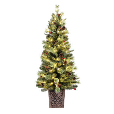  4.5 Foot Pre-Lit Evergreen Potted Porch Tree with 100 Warm White LED Lights, Red Berries, Real Pinecones