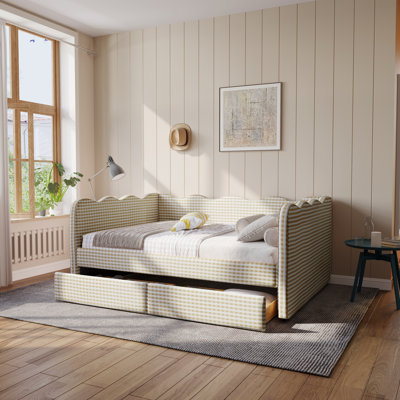 Lit de jour Gingham avec 2 tiroirs de rangement et port USB, forme ondulée