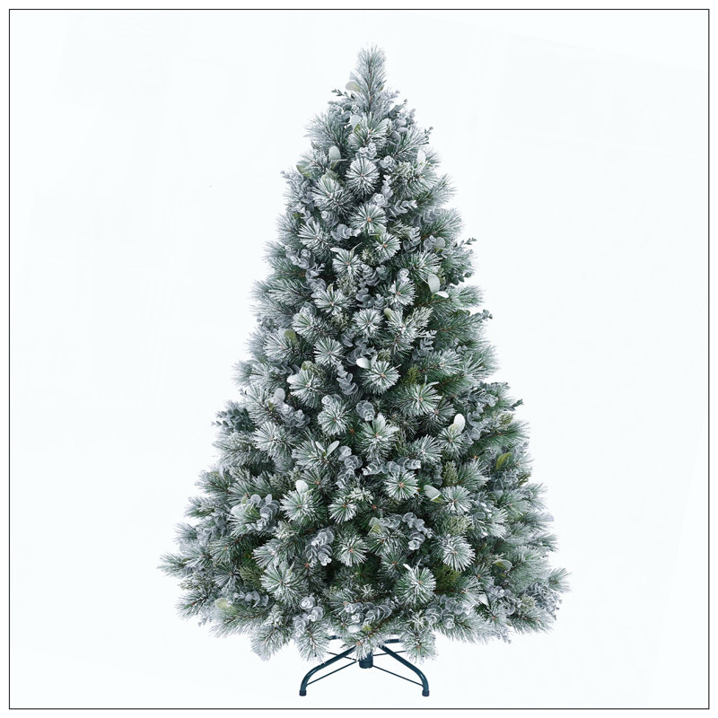 Arbre de Noël enneigé avec aiguilles de pin et feuilles d'eucalyptus, 150 lumières DEL blanc chaud, 404 pointes, branches articulées, support en métal - arbre artificiel enneigé pour la décoration des Fêtes