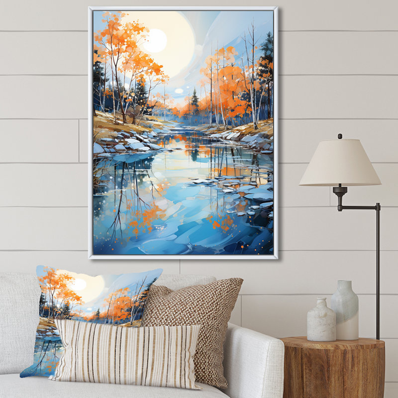 Décoration murale Lakeside Fall Foliage Serenity - Lacs et rivières, Cadre flottant blanc, 32" H x 24" W