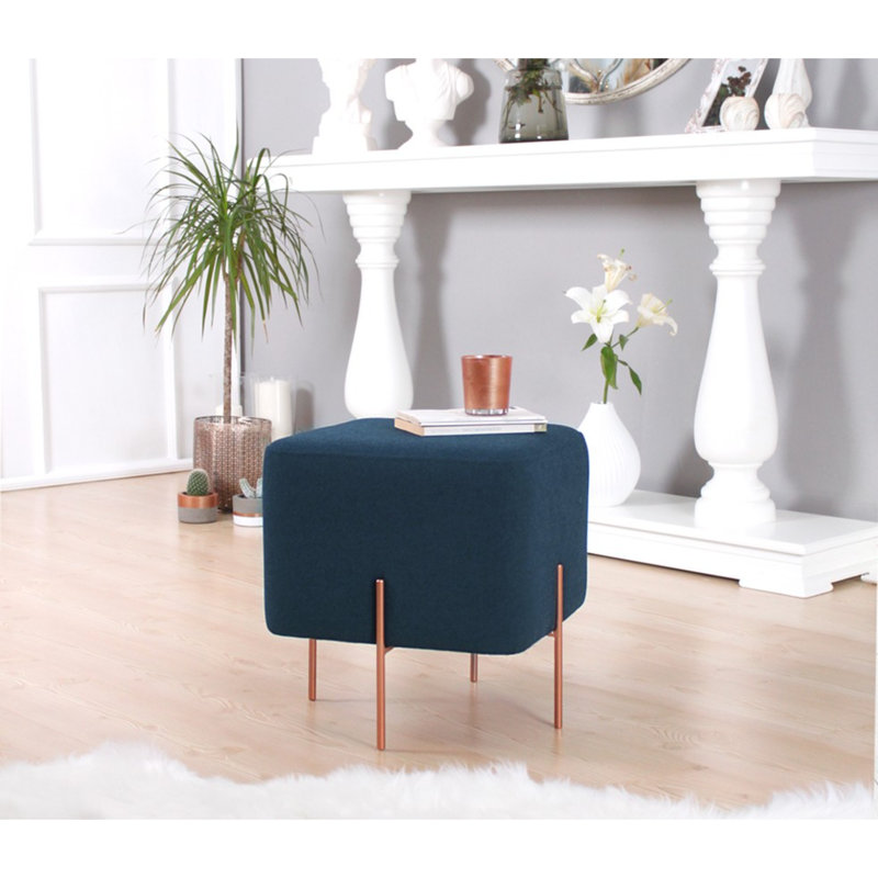 Stylish Pouffe Ottoman, Navy Blue, 15.7 x 16.5 x 15.7 Inches | 50% Cotton / 50% Linen Fabric, 2.0 in Orthopedic Sponge, Copper Coated Iron Legs | Ideal for Bohemian Decor & Hotel Lounge, Comfortable & Chic