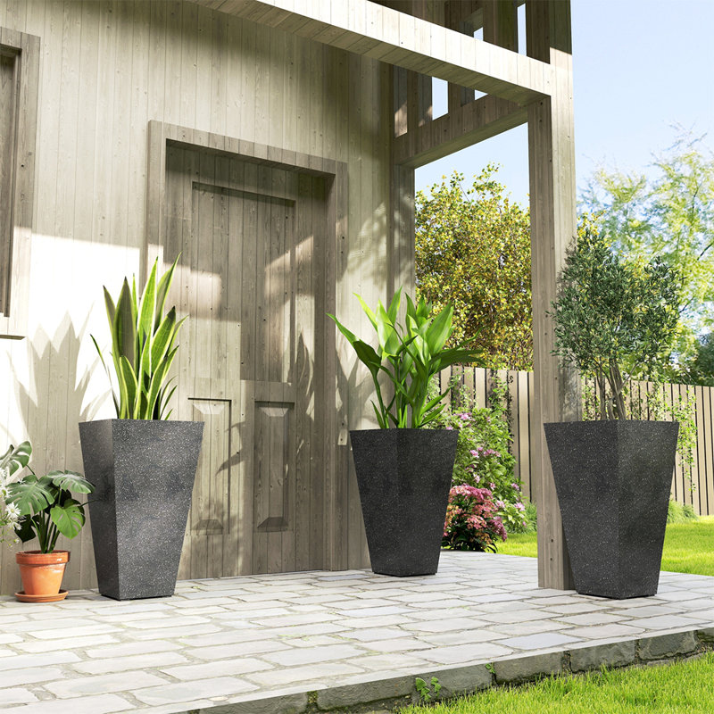 Outsunny 28" Tall Planters, Set of 3 Plastic Flower Pots with Marble Finish and Drainage Holes, Stackable Tapered Outdoor Planters