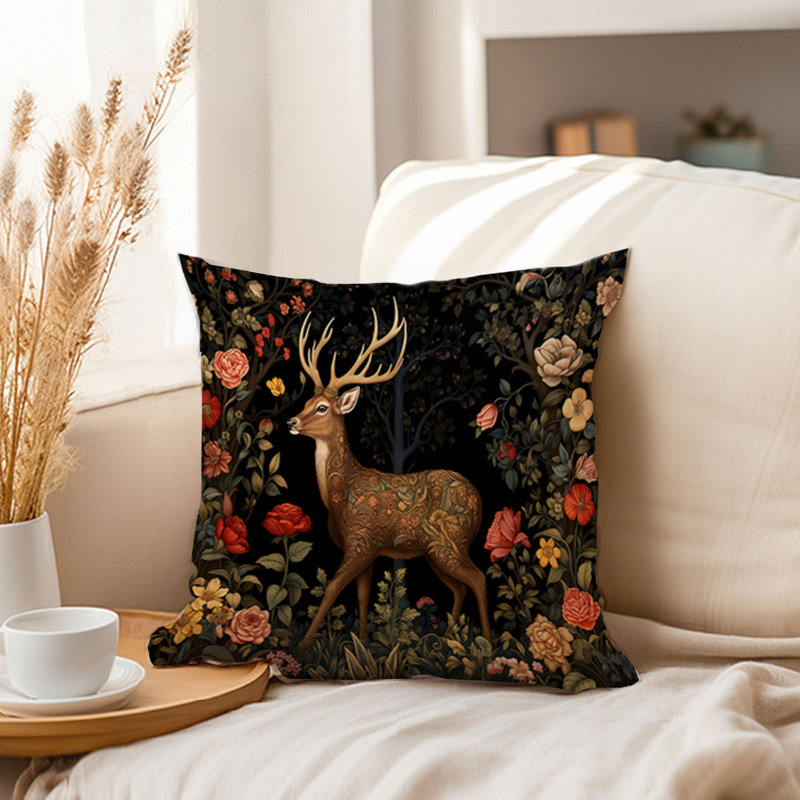 Animals William Morris Deer Pattern III Cottage Throw Pillow Cover, Square 16"
