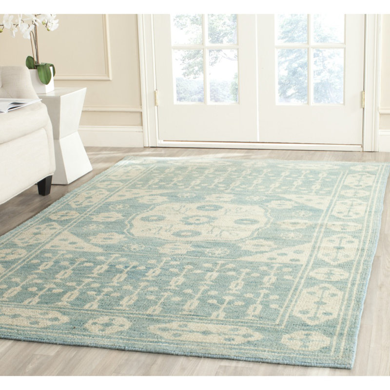 Tapis bleu clair en laine / coton noué à la main Kenya, Rectangle 6 pi x 9 pi