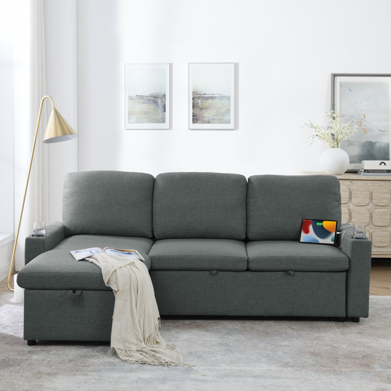 Canapé-lit modulaire en lin revêtu de tissu d'ameublement, convertible modulaire avec méridienne de rangement, accoudoirs avec porte-gobelets, lit escamotable, gris