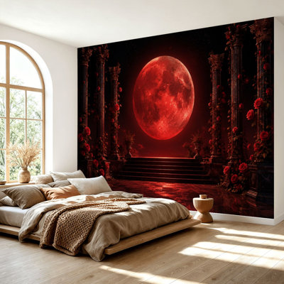 Wall Mural Peel and Stick Wallpaper Red Moon Gothic Temple Landscape Ancient Columns Rose Vines Dark Self-Adhesive Removable Contact Paper Wall Decor for Living Room Bedroom 69"H x 96"W