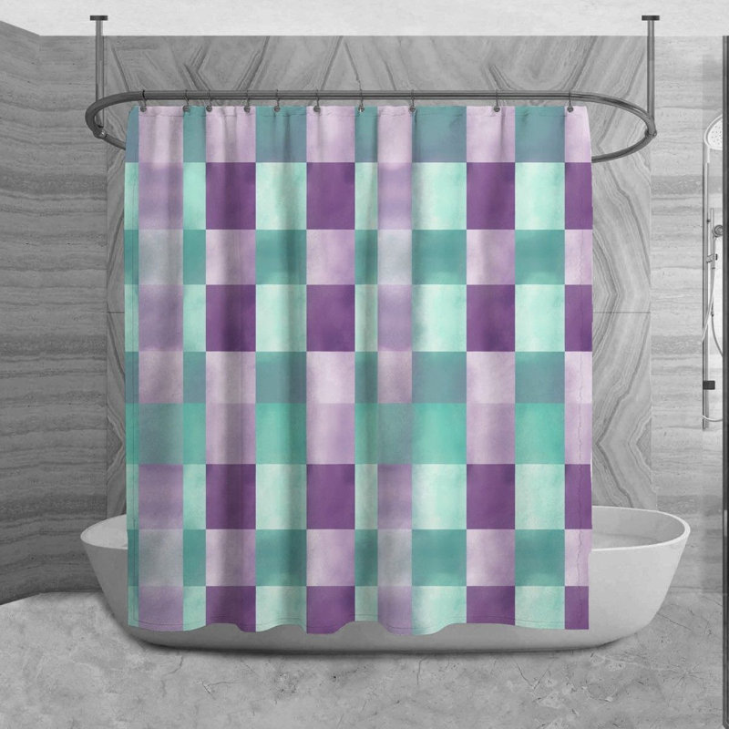 Rideau de douche à carreaux Shaima, H 93 po x l 70 po, Mauve / turquoise