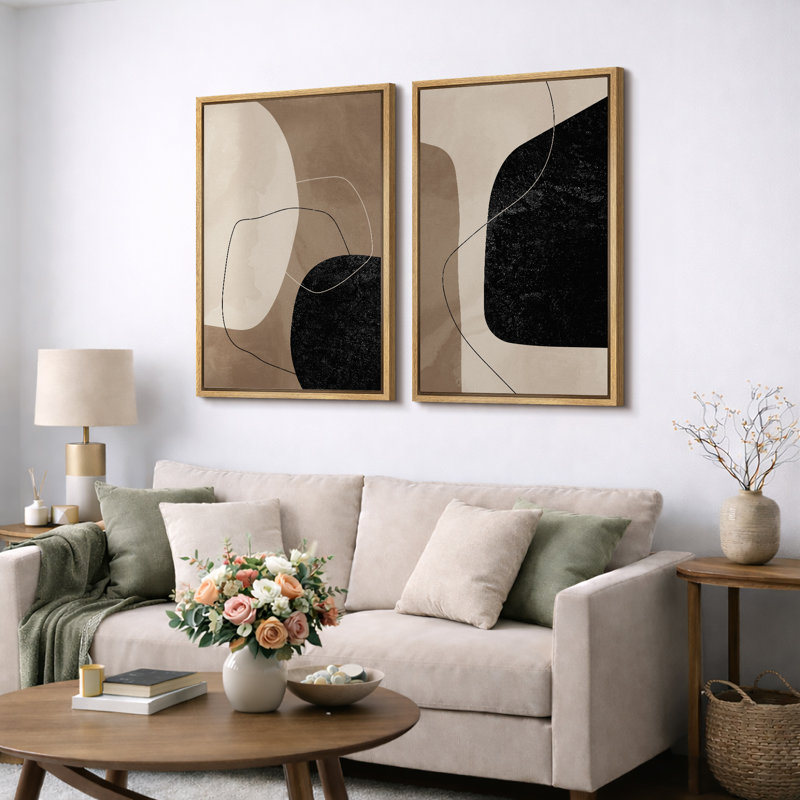 Forme Mid-Century «brun chaud et noir délavé, lignes abstraites, images murales modernes minimalistes neutres, impression sur toile encadrée 2 pièces, 16 x 24 x 2, 24 x 36 x 2