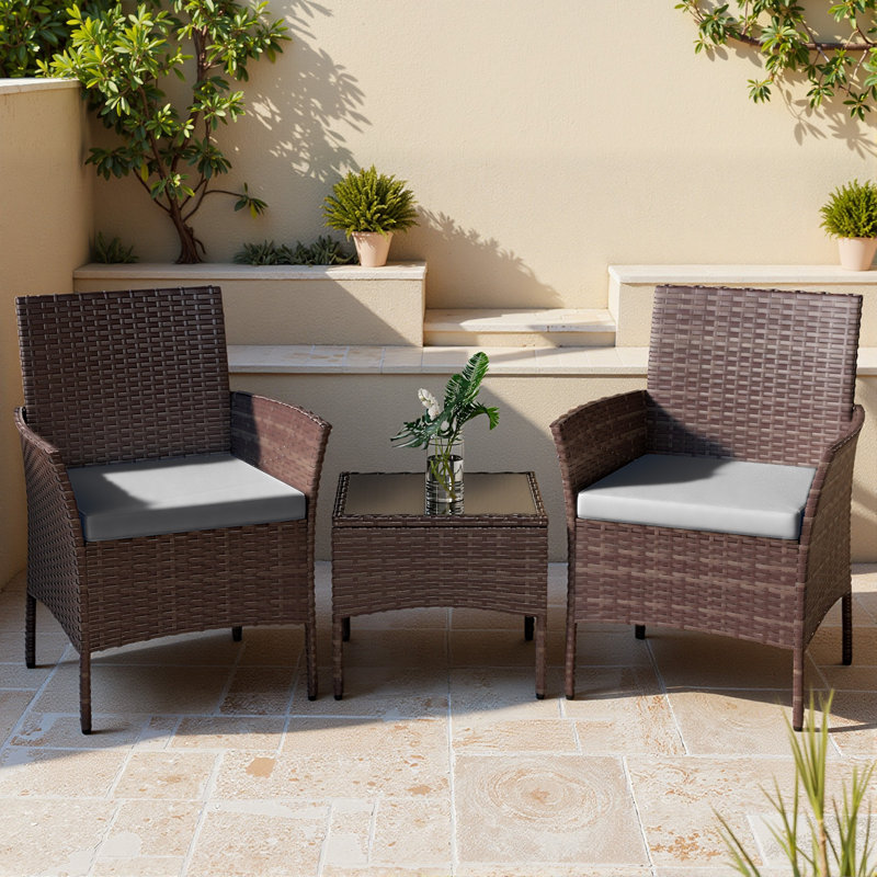 3-Piece outdoor Handwoven Wicker Bistro Chat Set with Cushions for Balcony, Porch & Small Patio, Brown, Gray