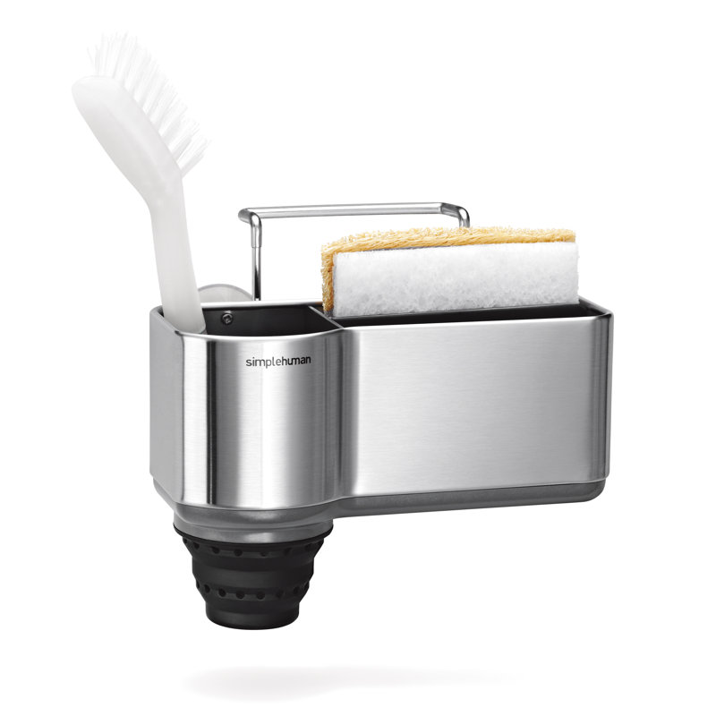 Simplehuman sink caddy in brushed stainless steel with a pop-out brush holder, sponge storage, and a black suction base.