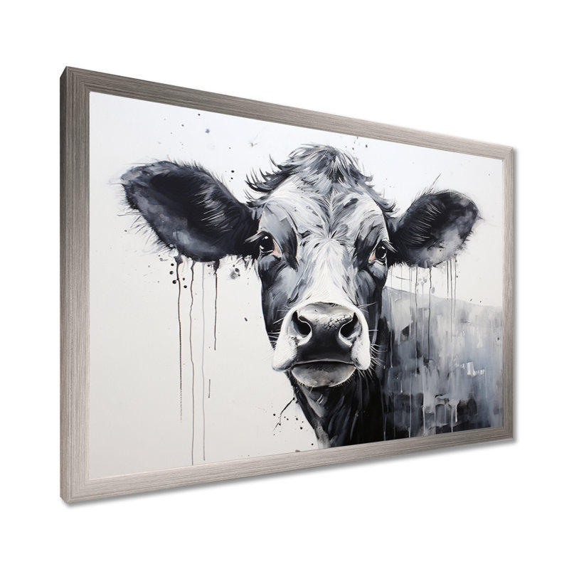 Minimalisme noir et blanc «I» - Vache, art mural, H 16 po x l 32 po x P 1 po, Cadre argenté