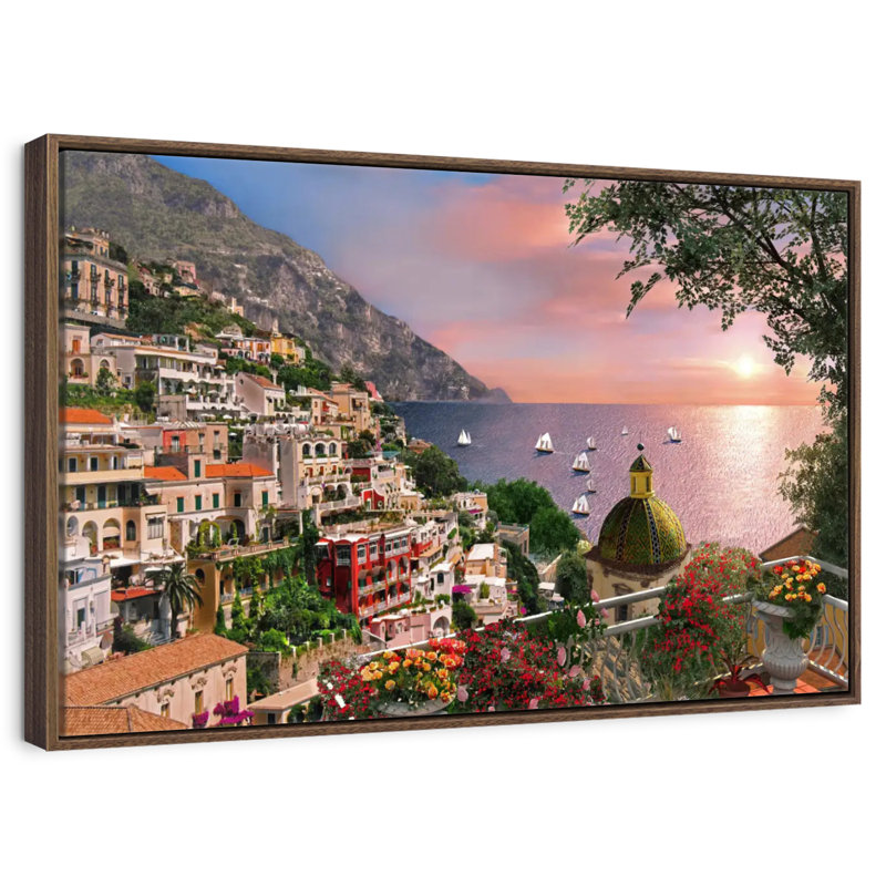 Bord de mer Positano, 13 po x 9 po, Cadre flottant noyer