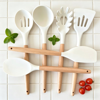 Ensemble d'ustensiles de cuisine en silicone de 6, ensemble d'ustensiles de cuisine avec poignée en bois résistante à la chaleur