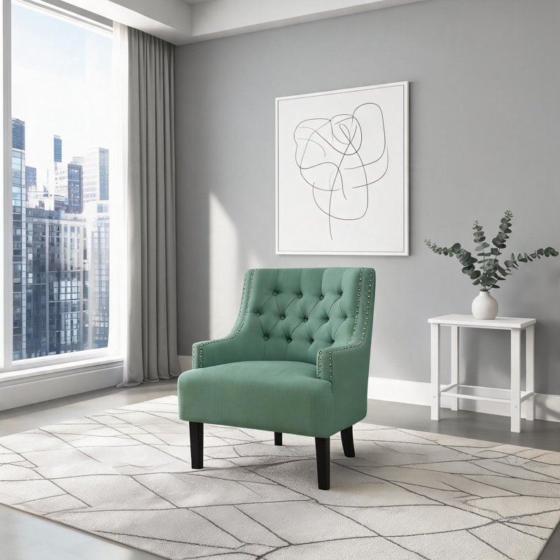 Fauteuil décoratif moderne 1 place avec accoudoirs, structure en bois massif, tissu texturé pour le salon, Vert