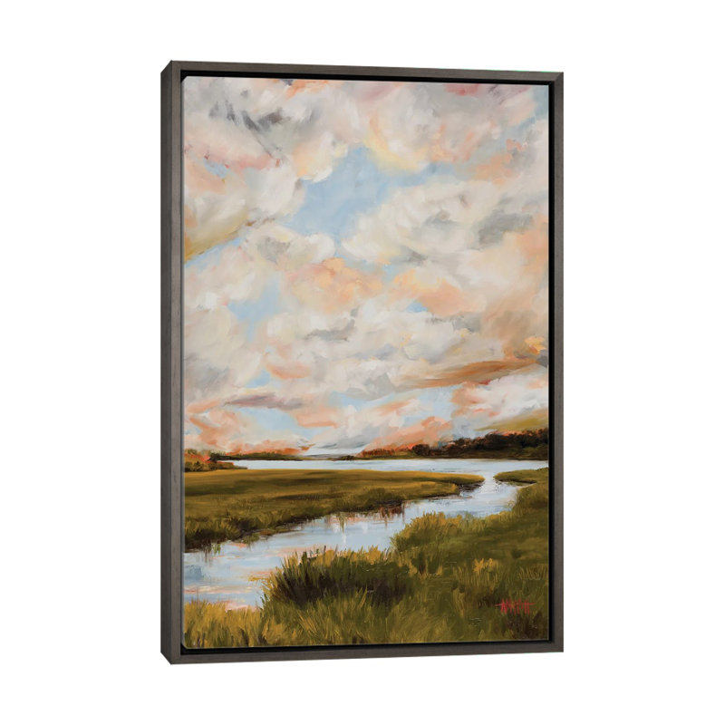 Warm Clouds Over The Marsh by April Moffatt iCanvas, Dark Rustic Wood Floater Frame Canvas, 26" H x 18" W x 1.5" D