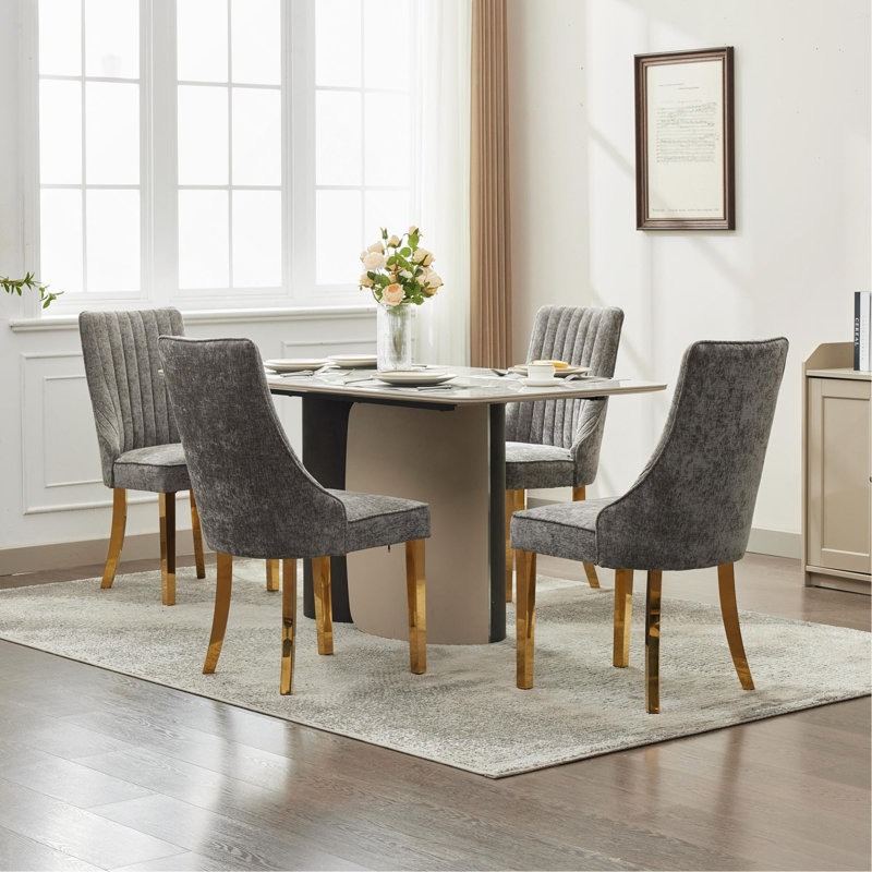 Chaise d'appoint en rayonne de chenille pour salle à manger en rayonne et tissu avec pieds en placage en acier inoxydable doré