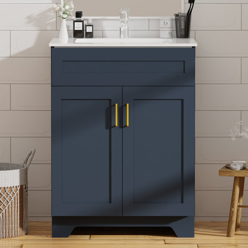 Meuble-lavabo autoportant 24 po avec lavabo en céramique 24 po, 2 portes à fermeture douce, meuble-lavabo autoportant avec lavabo en céramique