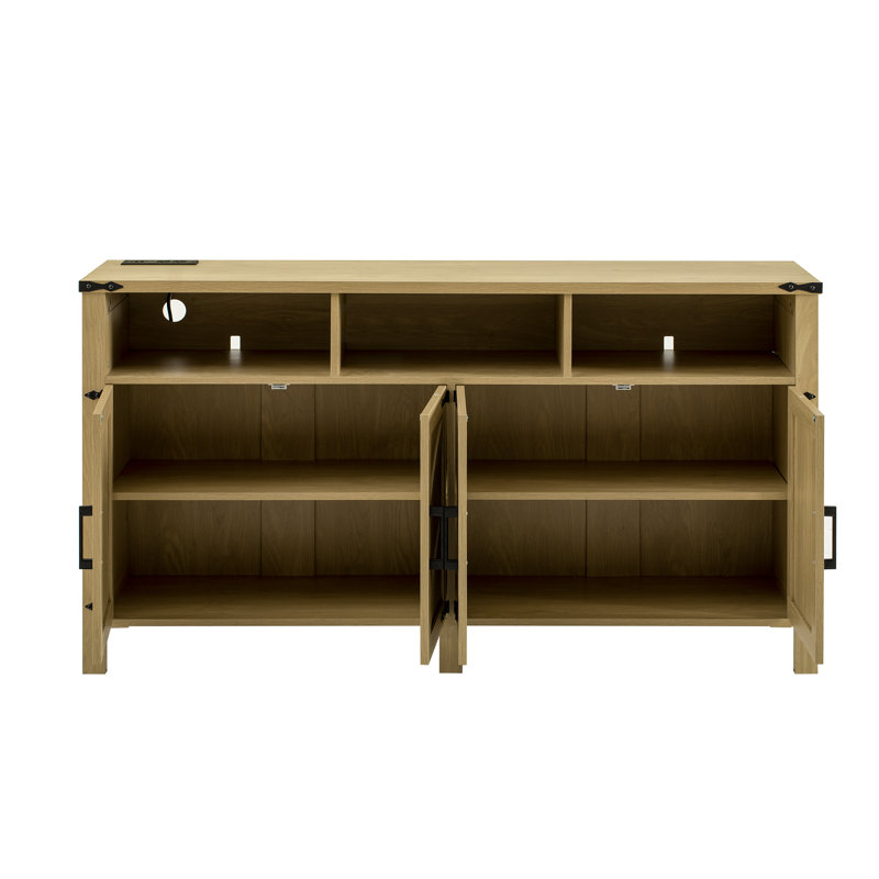 Kylith 59'' Farmhouse 4-Door Sideboard Buffet With Power Outlets & USB Ports And Open Shelf, Natural