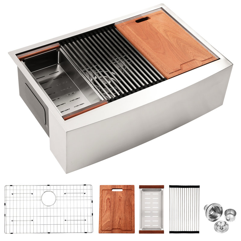 30 Inch Kitchen Sink Stainless Steel - Apron Front Workstation, 16 Gauge, Brushed Nickel, , Includes Accessories And Installation Guide 30" Workstation Build, , Easy To Clean, With Wood Cutting