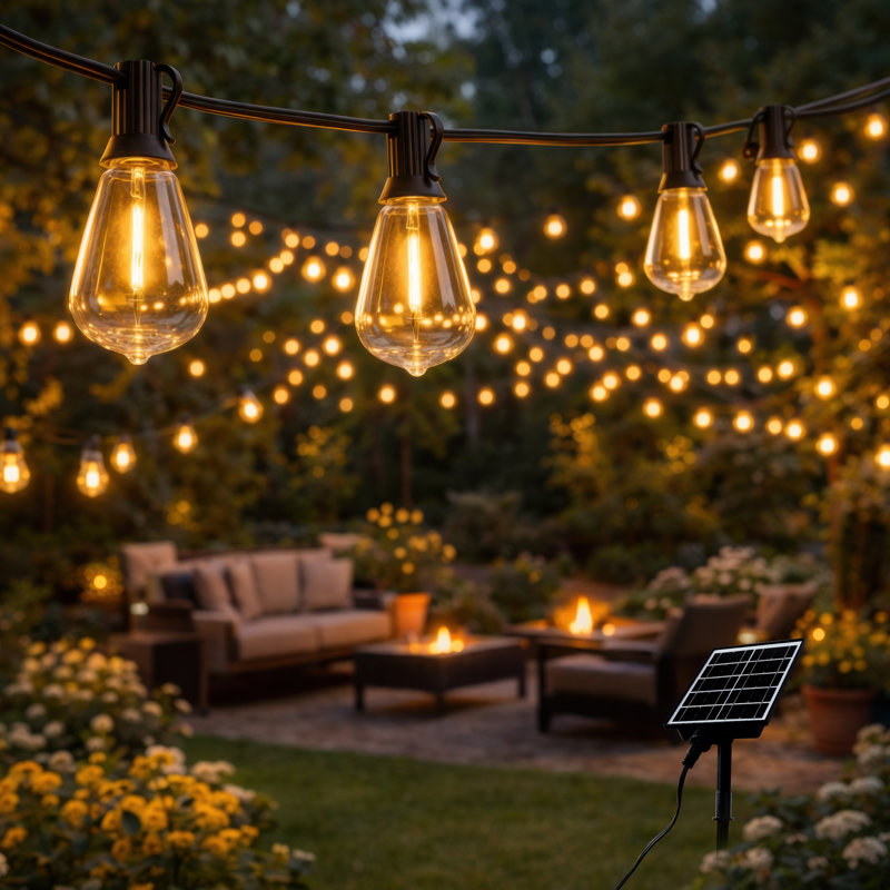 Guirlandes solaires imperméables de 60 pi avec 16 ampoules à DEL incassables St38, lumières de patio à énergie solaire avec télécommande et port USB, lumières suspendues à intensité variable de 2700 K pour le balcon de la terrasse de la cour arrière