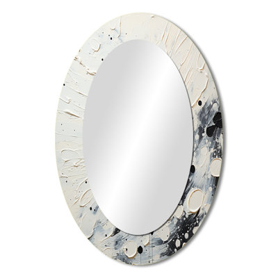 Grey White Mid Century Minimalist Wave - Abstract Oval Decorative Mirror On Metal