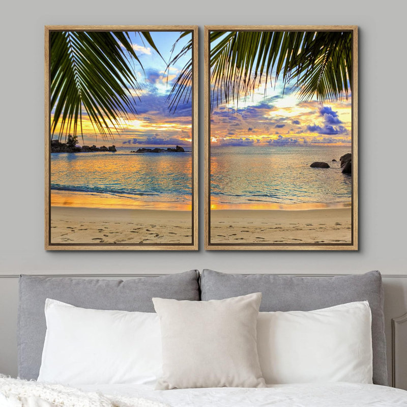 Décor de photographie de paysage tropical pastel coucher de soleil ciel palmier plage nature, Naturel, H 24 po x l 16 po