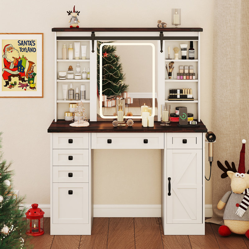  Vanity Desk w/Touch Screen Mirror Farmhouse Dressing Table w/Charging Station