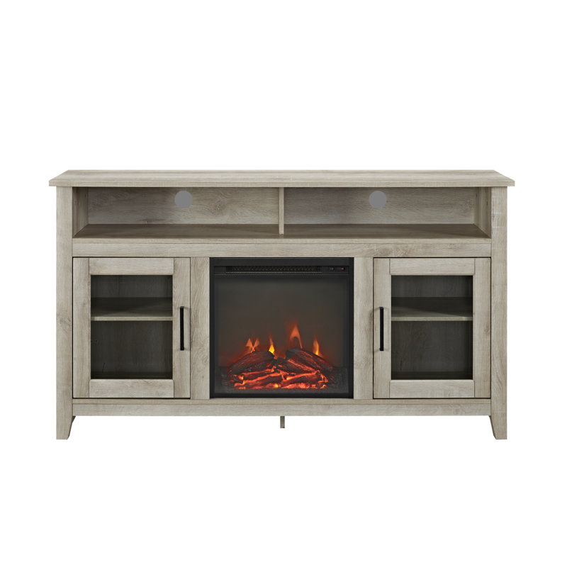 Unfinished TV Stand for TVs up to 65" with Fireplace Included, White Oak