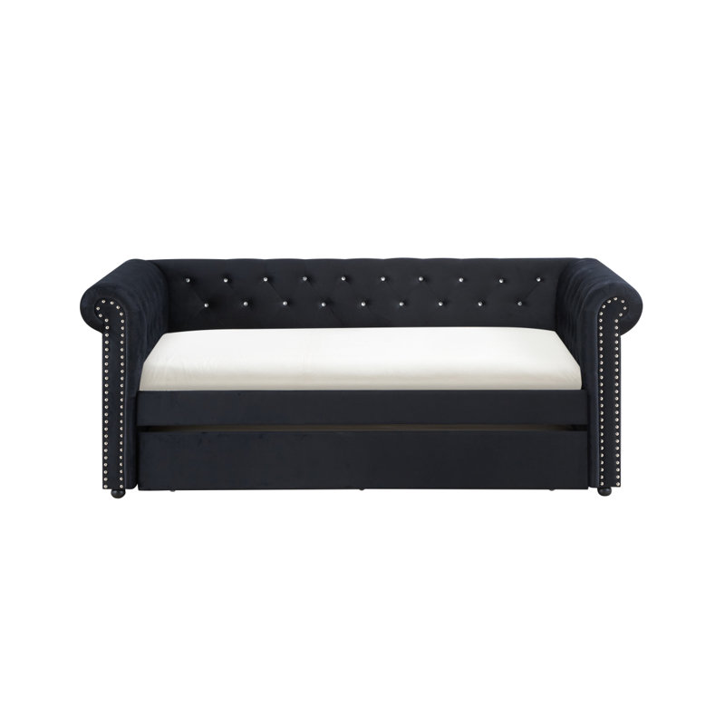 Luxurious 1Pc Modern Aesthetic Beautifully Button Tufted Nailhead Trim Design Daybed Built-In Pull-Out Trundle Bed Living Space Guest Room Bedroom