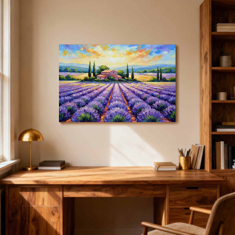 Landscape & Nature Lavender Fields Sunset Cottage Landscape Painting, 12" H x 18" W