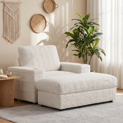 42" Oversized Single Sofa with Storage Ottoman, Faux Fur Armchair with Cup Holder & Hidden Storage Arm, Deep Seat Reading Chair for Living Room or Apartment
